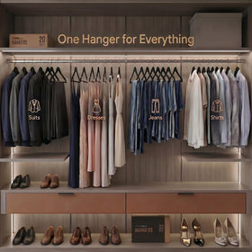 Samsarc luxury wood hangers elevate closet display with refined finish.