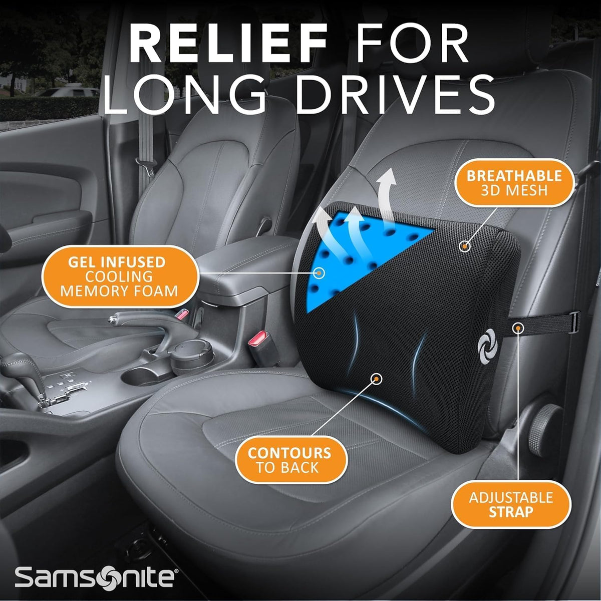 Samsonite back support with ergonomic curve aiding spinal alignment.