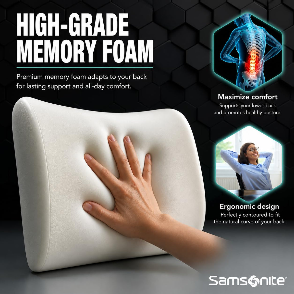 Samsonite Lumbar Pillow ergonomic curve supports natural spine alignment