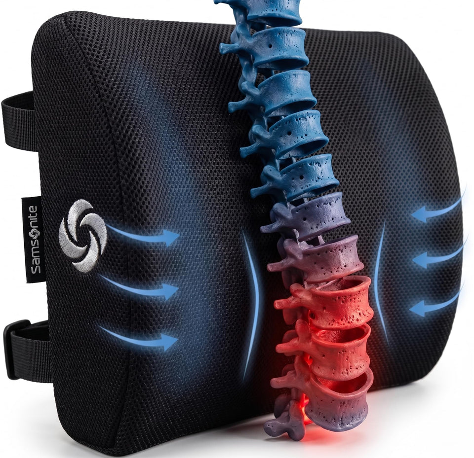 Samsonite Lumbar Pillow on an office chair with memory foam contour for spine comfort