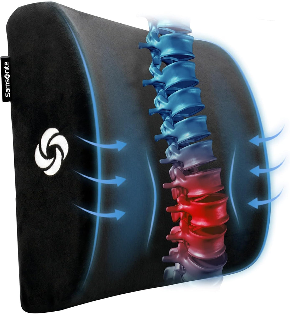 Samsonite lumbar support pillow, front view, plush memory foam for steady lower back support.