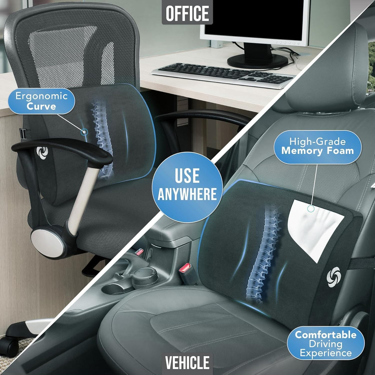 Samsonite lumbar support pillow in an office chair, versatile use during desk work.