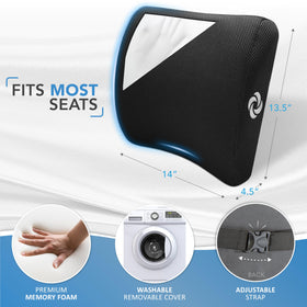 Samsonite lumbar support pillow, side view, contour follows natural lower back arch for comfort.