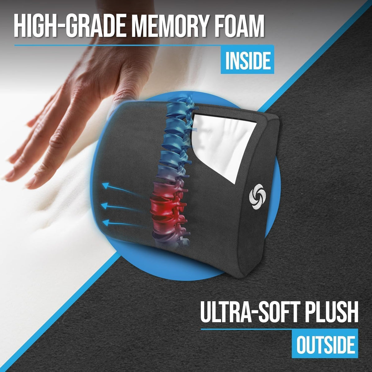 Samsonite lumbar support pillow, strap-adjustment view, secure fit on car seat for stable support.