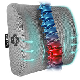 Samsonite memory-foam lumbar pillow demonstrates the back-curve for better spine support.