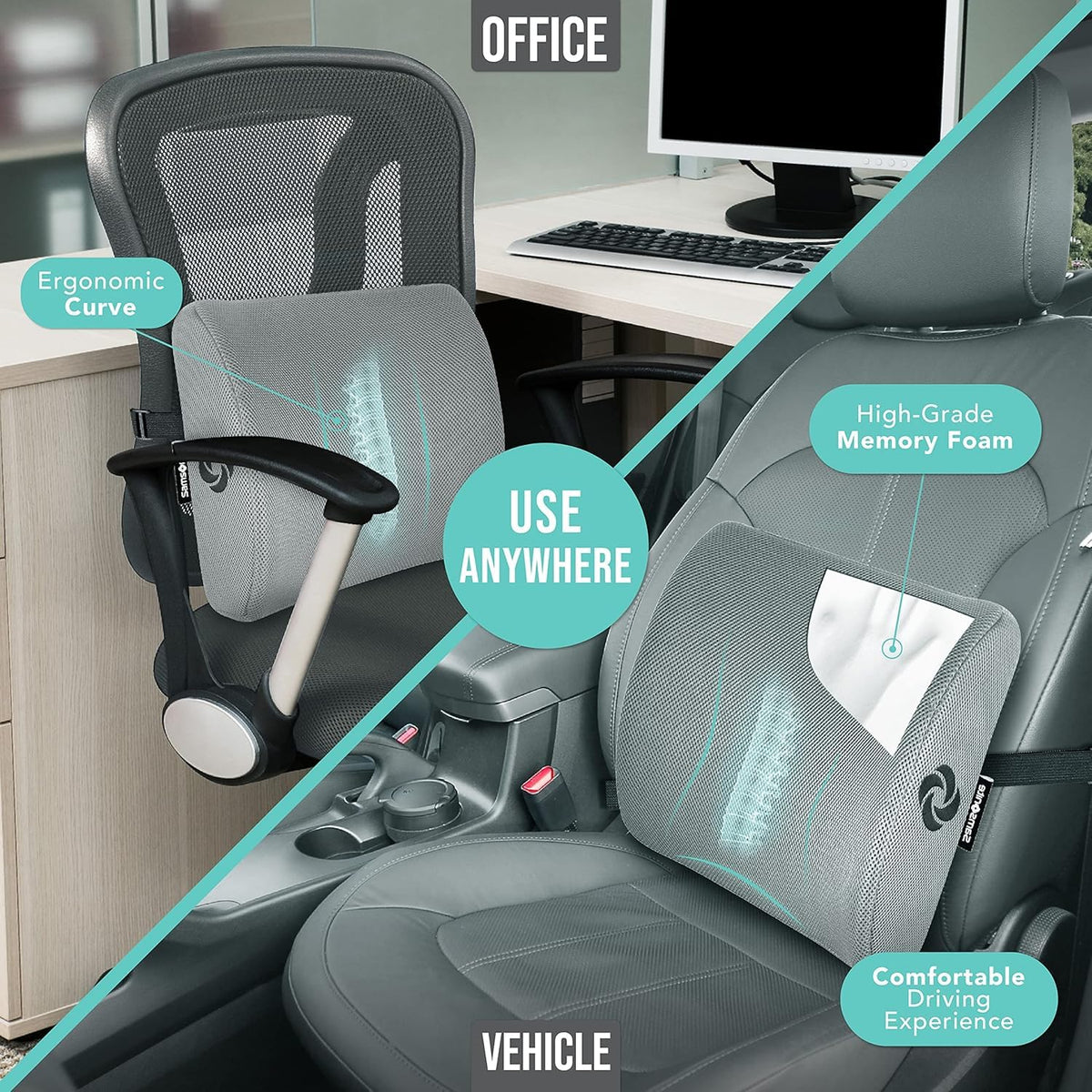 Samsonite memory-foam lumbar pillow office-chair-attachment demonstrates universal fit.