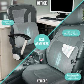 Samsonite memory-foam lumbar pillow office-chair-attachment demonstrates universal fit.