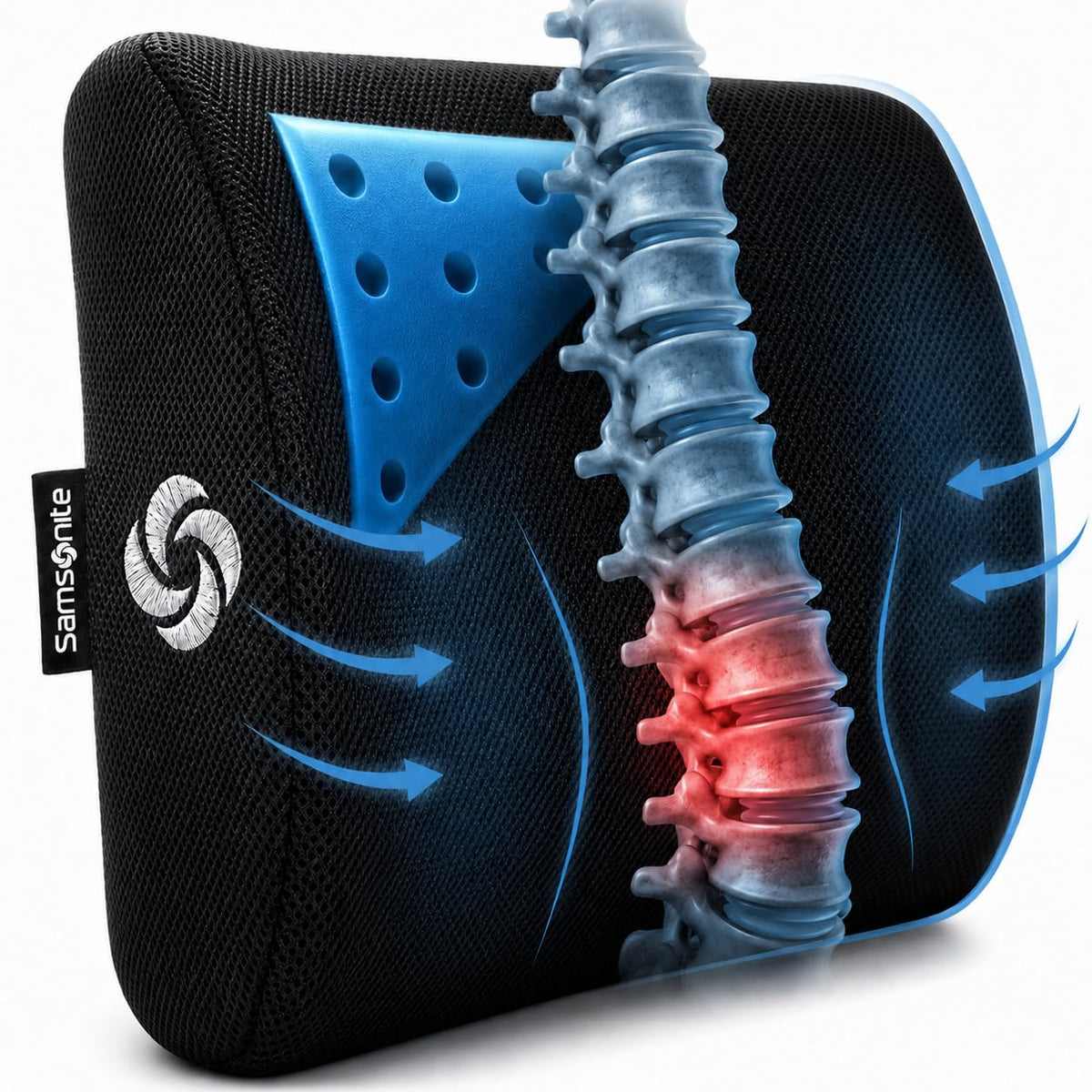 Samsonite memory foam lumbar pillow on an office chair for posture support.