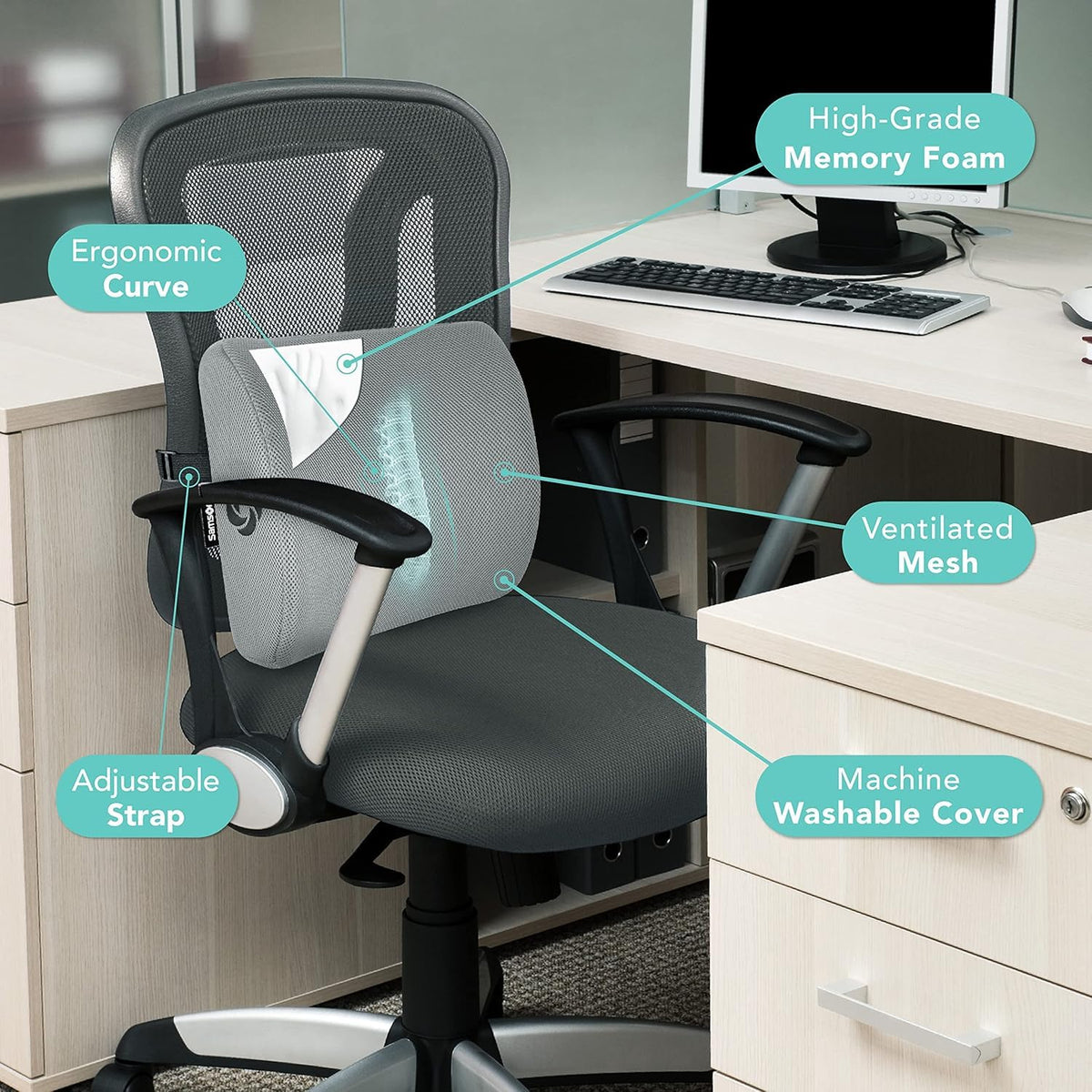 Samsonite memory-foam lumbar pillow travel-packable compact form supports on-the-go seating.
