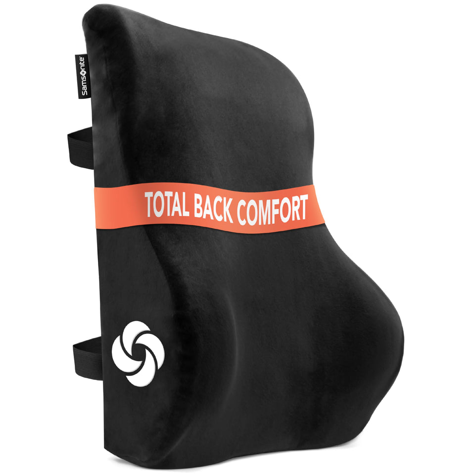 Samsonite memory foam lumbar pillow contours to the back for tailored support.