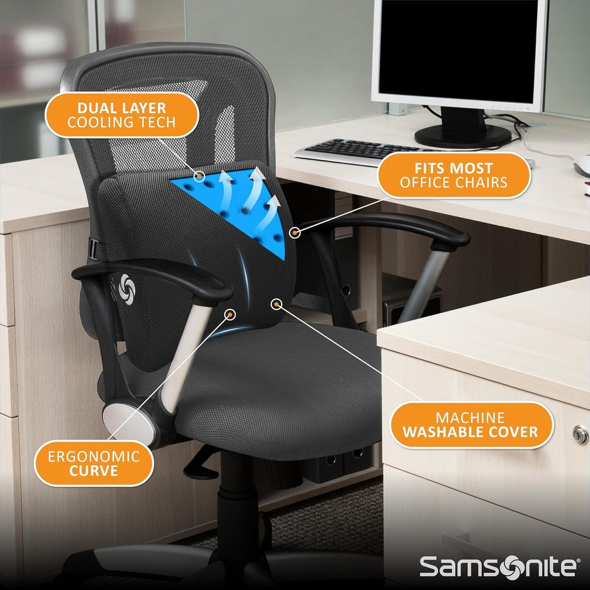 Samsonite ventilated mesh cover provides cooling while sitting.