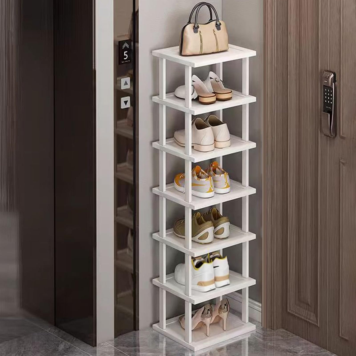 SAN HE 7-Tier bamboo shoe rack vertical design saves floor space and organizes entryways.
