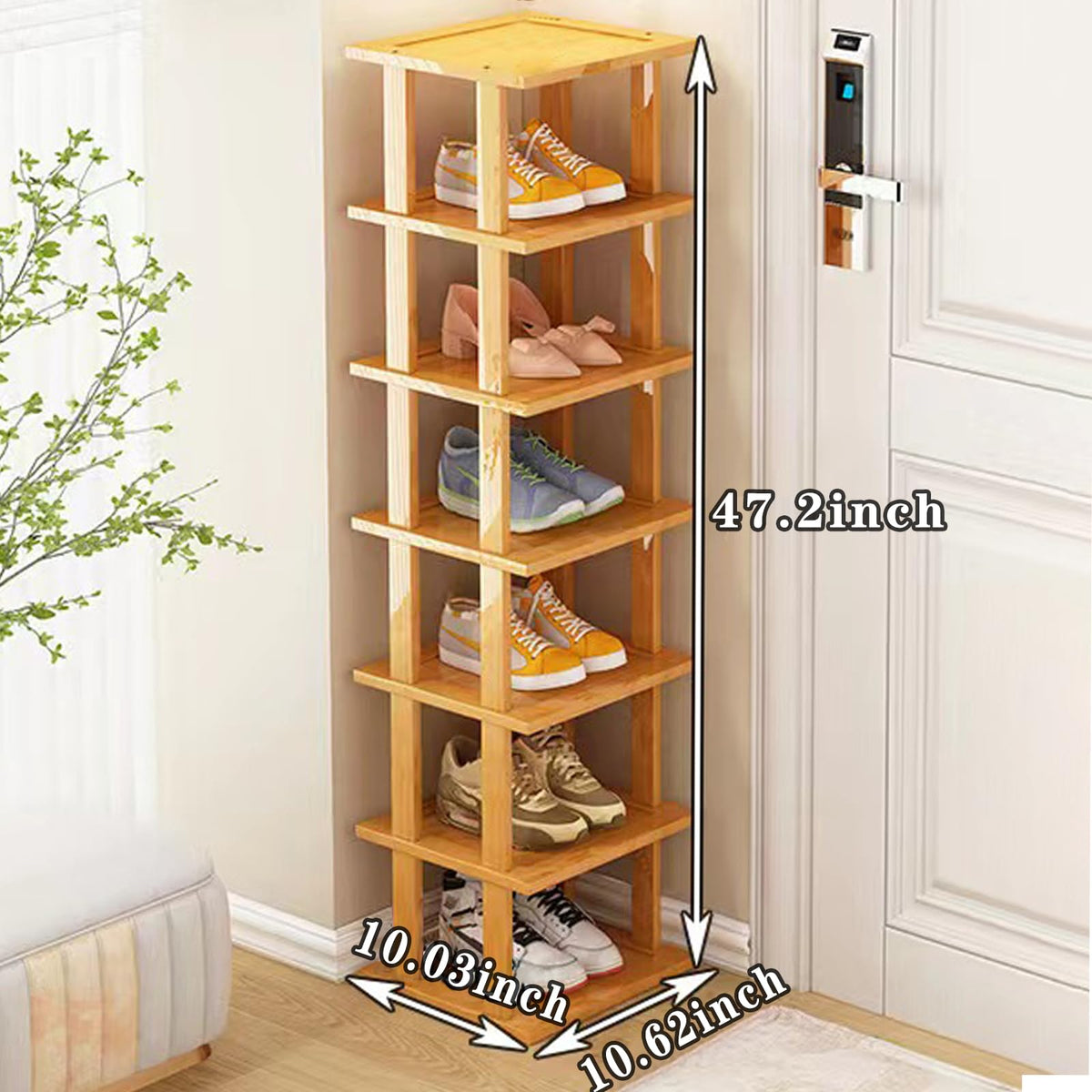 SAN HE Bamboo Shoe Rack corner-space-saving shows efficient use of a tight corner.