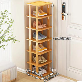 SAN HE Bamboo Shoe Rack corner-space-saving shows efficient use of a tight corner.