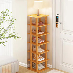 SAN HE Bamboo Shoe Rack vertical assembly highlights compact, space-saving storage.