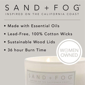 Sand + Fog 12oz jar candle ideal for bedrooms and living rooms.