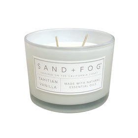 Lid artwork on the Sand and Fog candle adds decorative flair.
