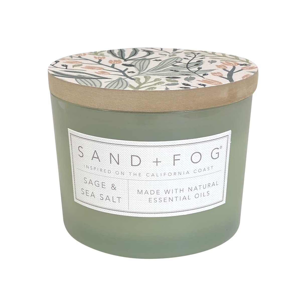 Sand + Fog Sage & Sea Salt 12oz candle jar glows for cozy coastal ambience.