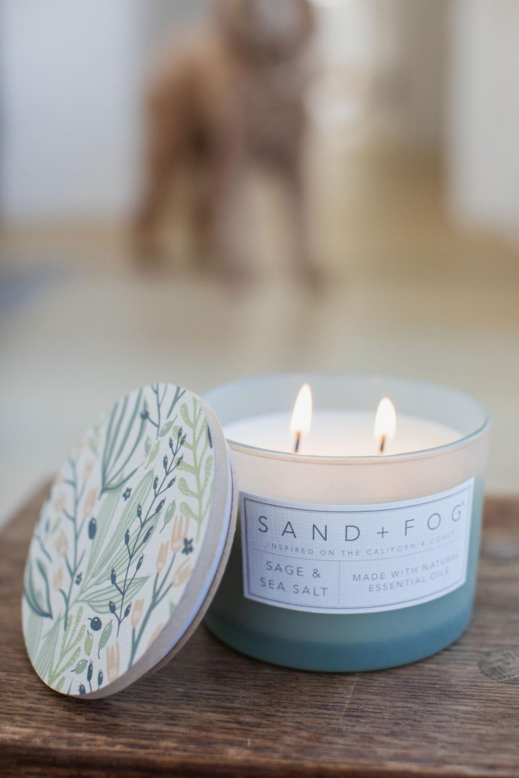 Sand + Fog Sage & Sea Salt candle glass with textured jar for coastal decor.