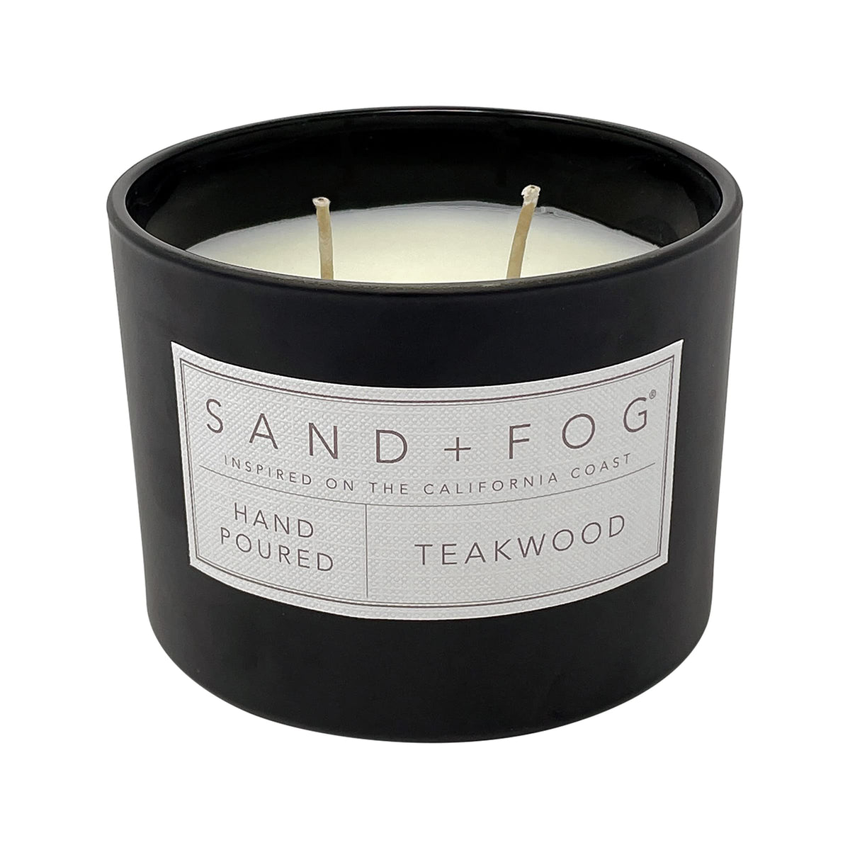Sand + Fog Teakwood candle close-up showing lead-free cotton wick for clean burn.