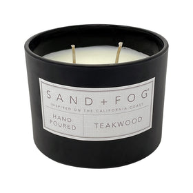 Sand + Fog Teakwood candle close-up showing lead-free cotton wick for clean burn.