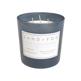Close-up of Sand and Fog Vanilla Sandalwood candle three wicks