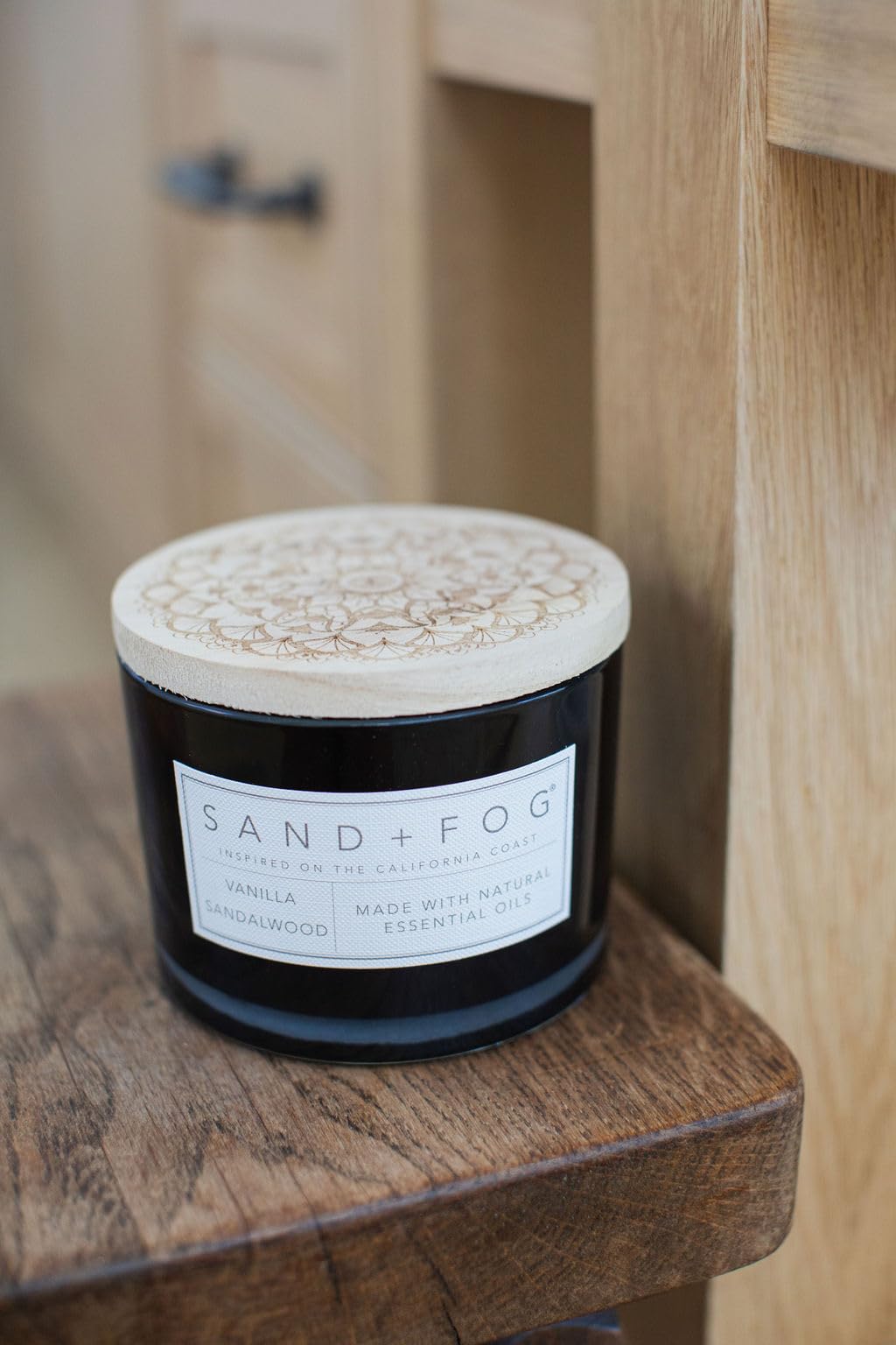 Kitchen or bath decor accent with Vanilla Sandalwood candle glow.