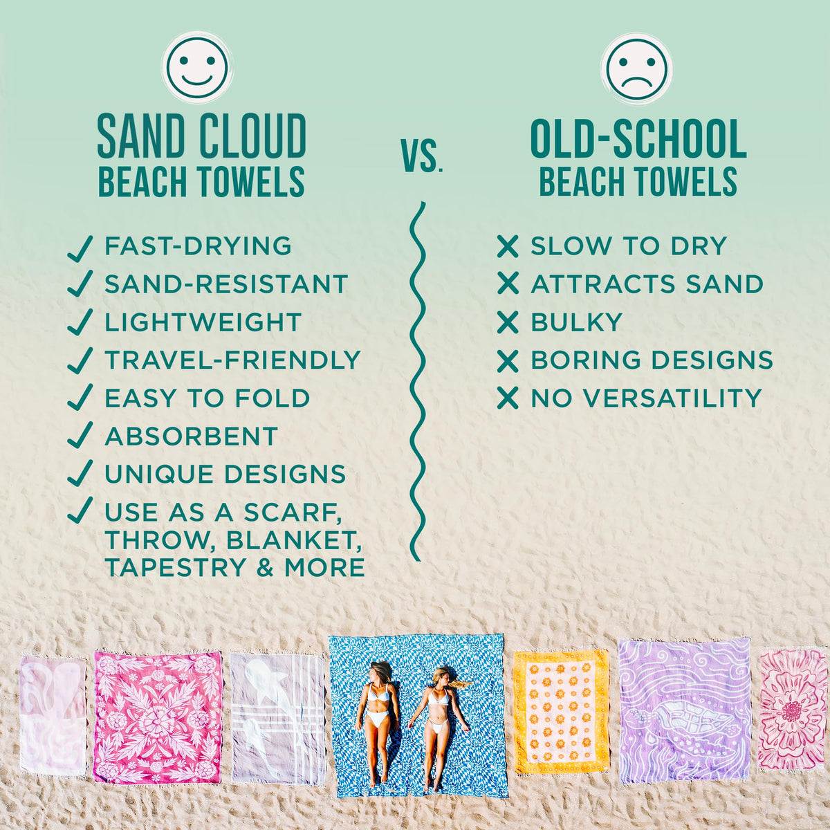 Sand Cloud Turkish Cotton towel uses organic yarns for soft, chemical-free comfort.
