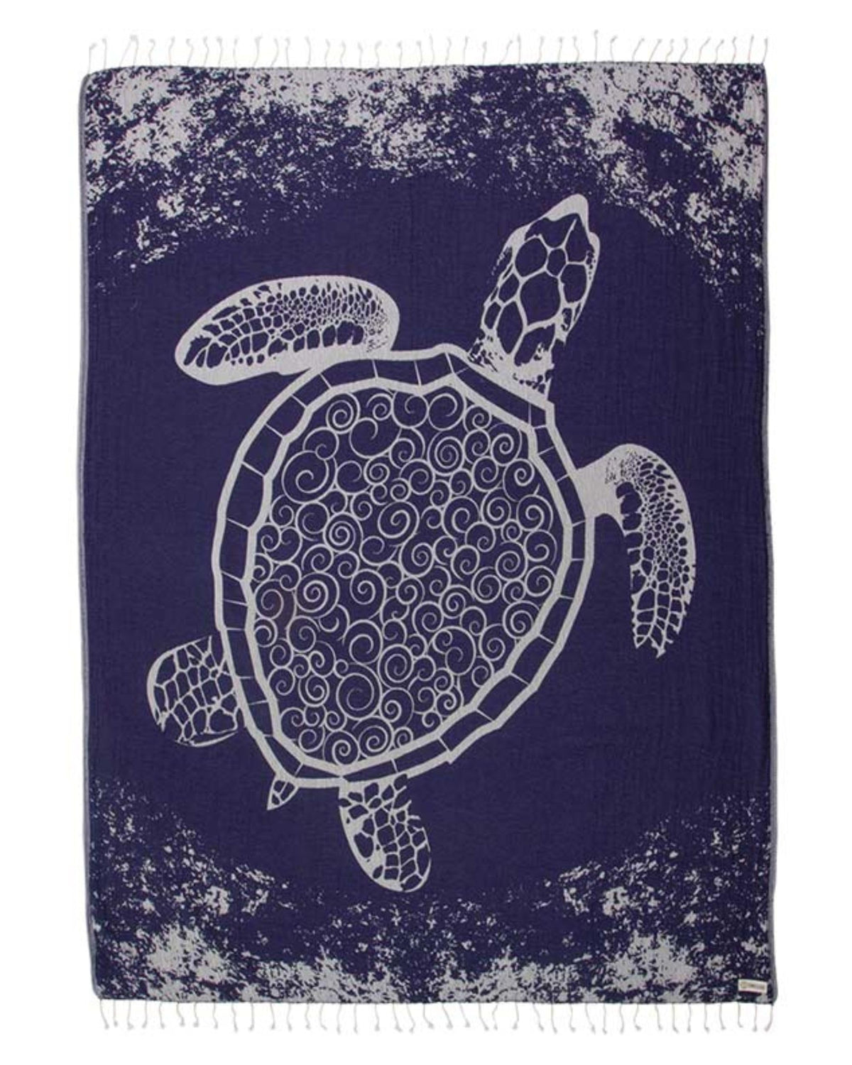 Sand Cloud large Turkish beach towel in Navy Crush Turtle on sand, quick-dry and sand-resistant.