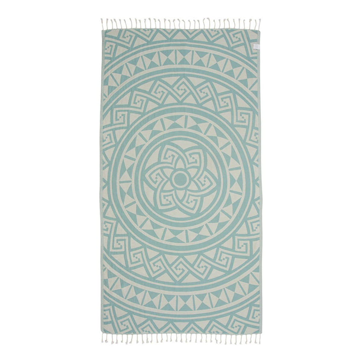 Sand Cloud Turkish Beach Towel Mandala Mint, rolled for easy packing.