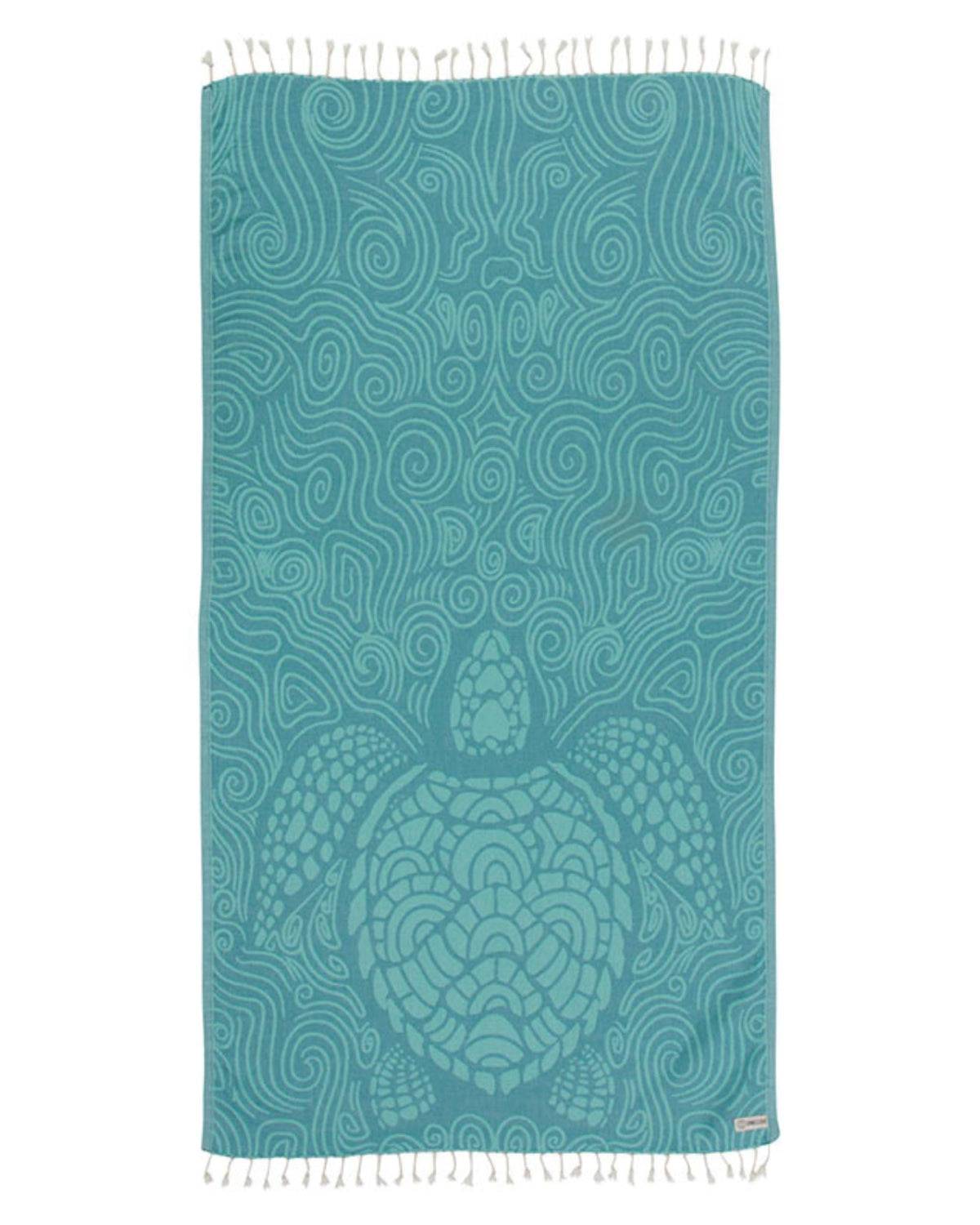 Sand Cloud Turkish Beach Towel Swirl Turtle design dries quickly and resists sand.