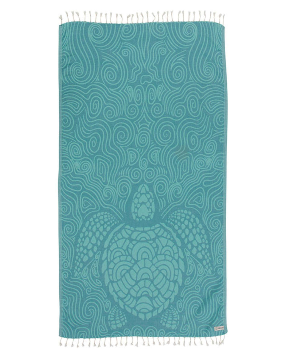Sand Cloud Turkish Beach Towel Swirl Turtle design dries quickly and resists sand.