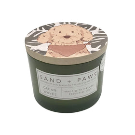 Sand + Paws Clean Waves jar candle with fresh scent and pet odor control for homes.