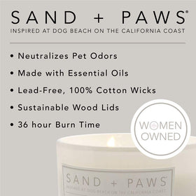 Packaging image of Sand + Paws Ocean Mist candle suggesting gift-ready presentation.