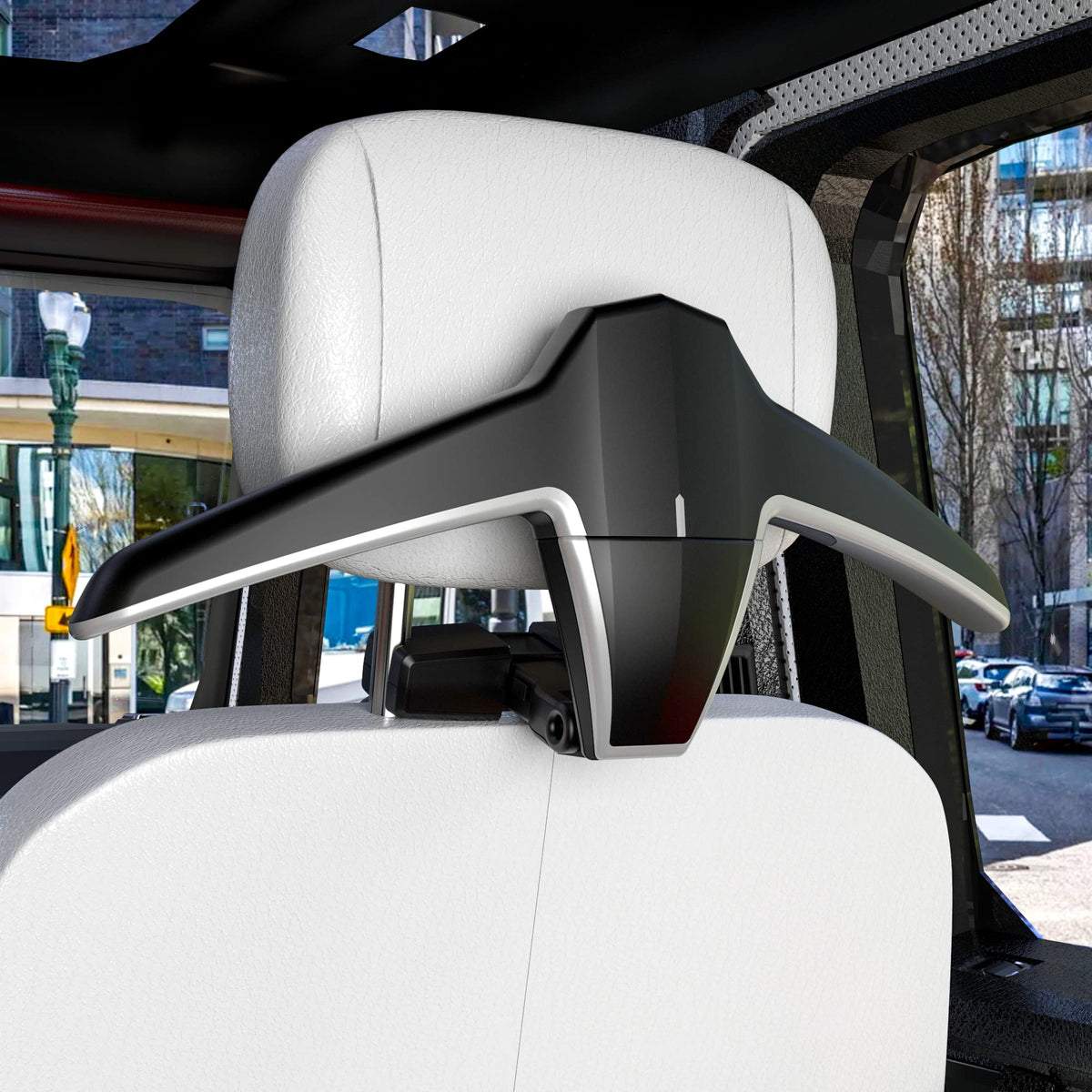 Sandure car coat hanger installation steps showing headrest integration