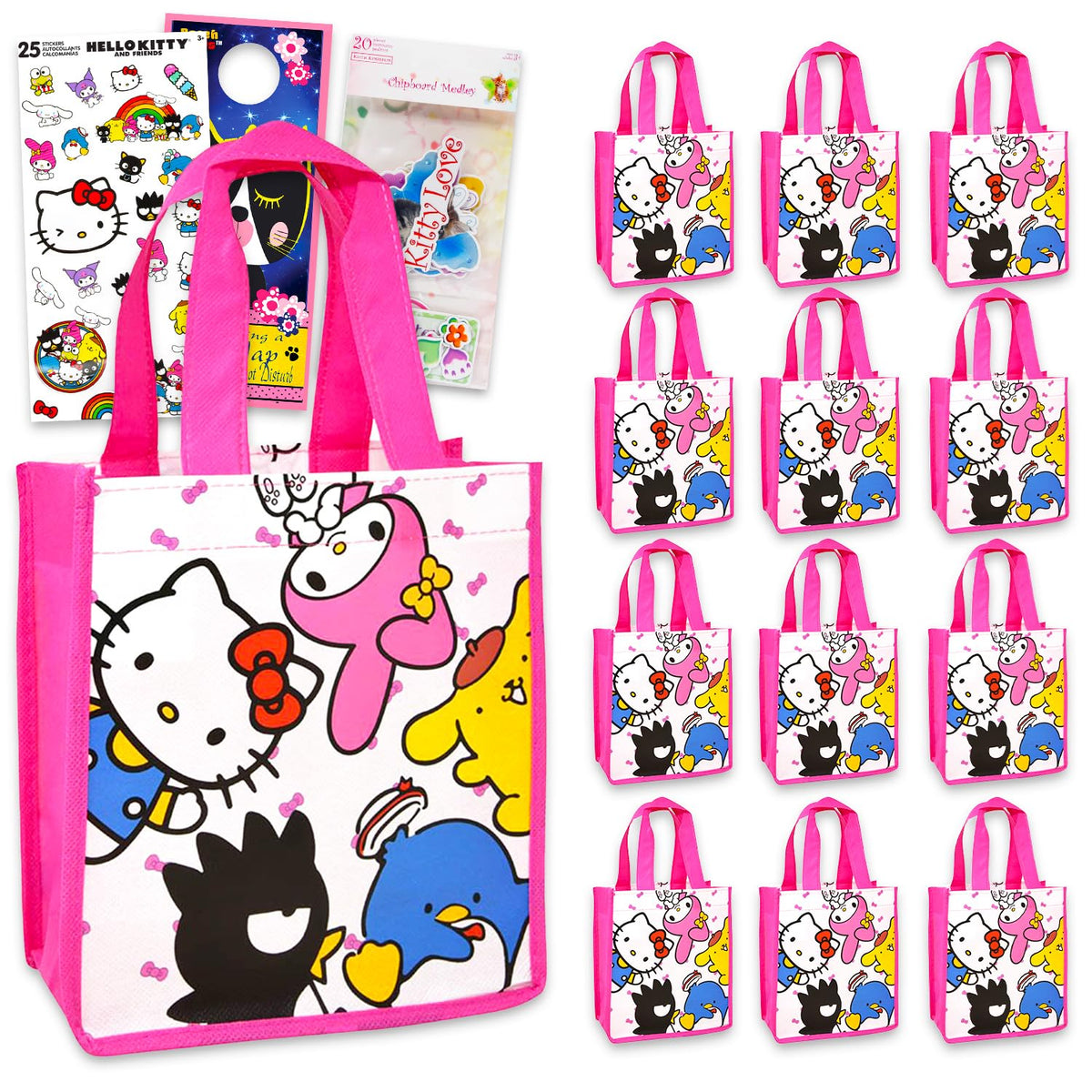 SANRIO Hello Kitty tote set with twelve reusable bags, ideal for party favors or loot bags.