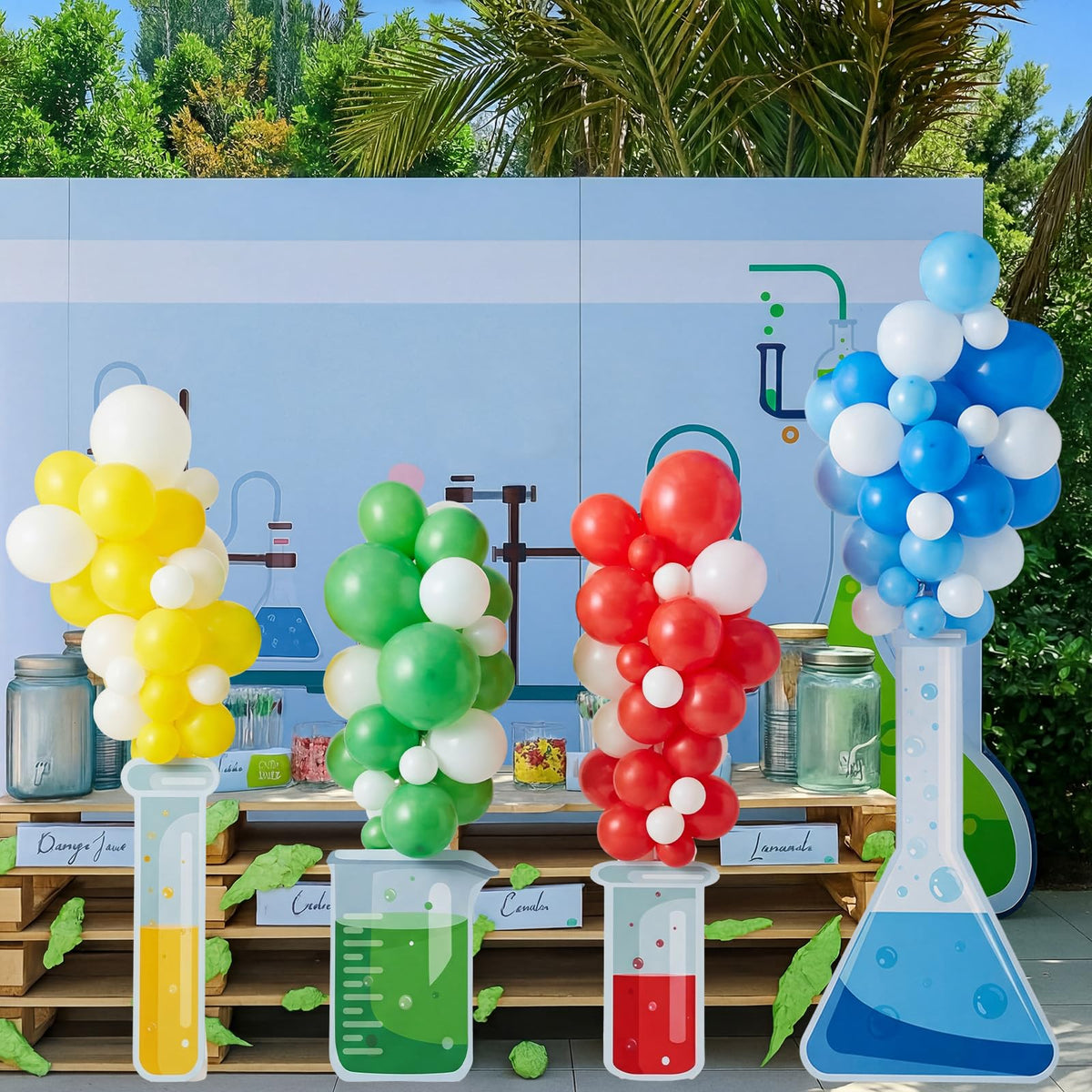 Sanwuta matte latex balloons add vibrant color and lab flair to displays.