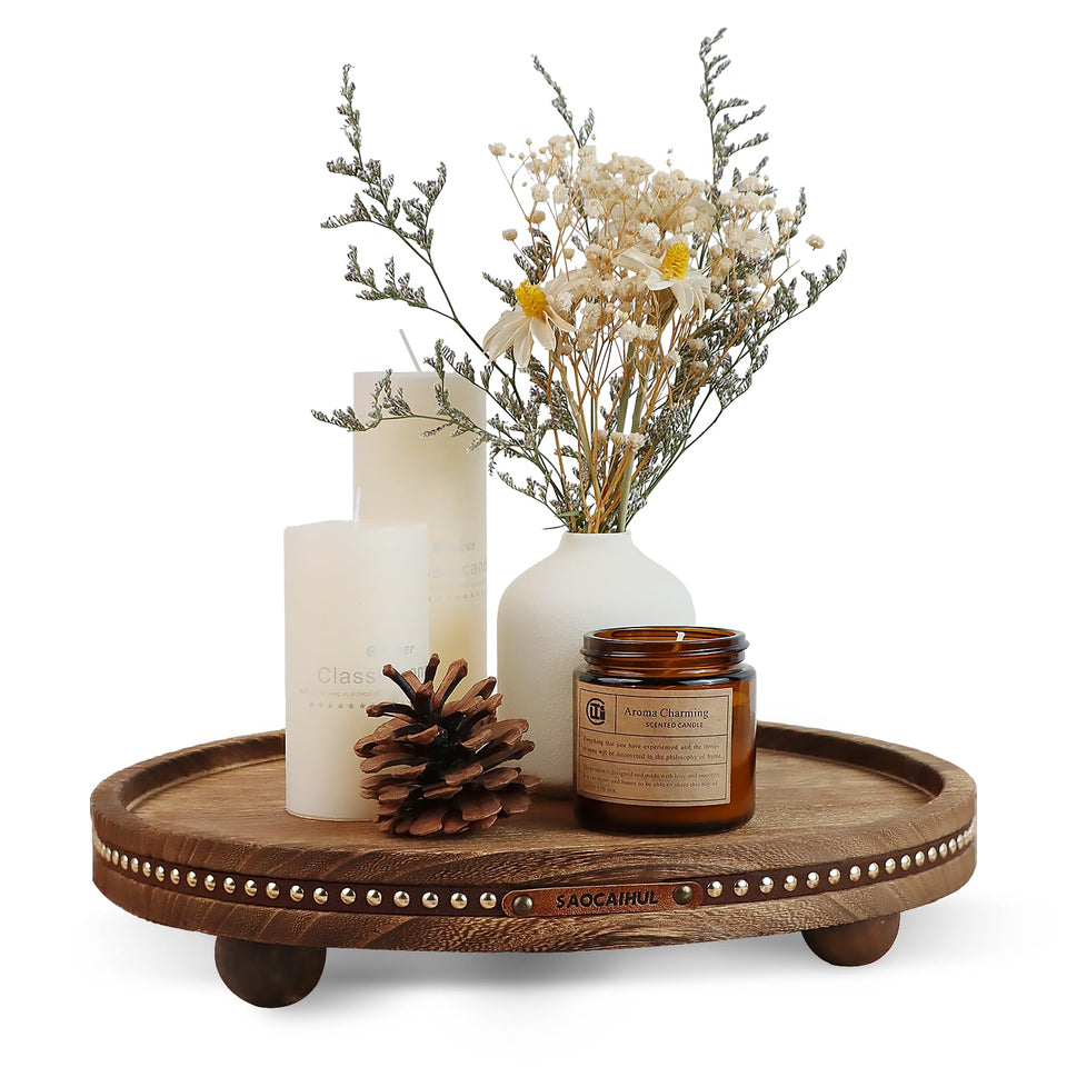 SAOCAIHUL decorative round tray top view highlights solid wood craftsmanship for durable decor.