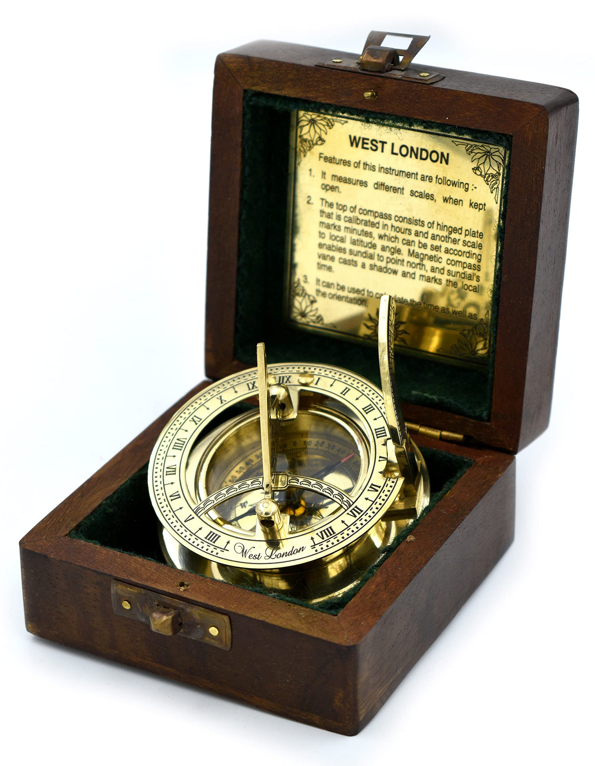 SARA NAUTICAL antique brass sundial compass in a wooden gift box