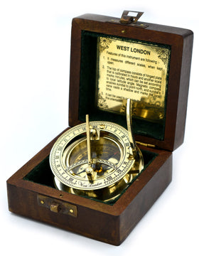 SARA NAUTICAL antique brass sundial compass in a wooden gift box