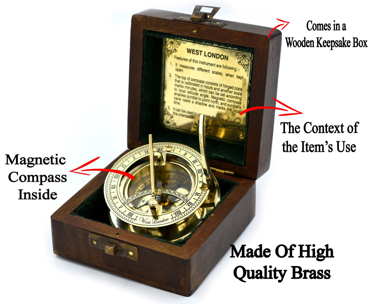 SARA NAUTICAL solid brass pocket sundial with polished finish for durability