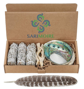 Sarimoire Sage Smudge Kit with abalone shell and feather for cleansing spaces.