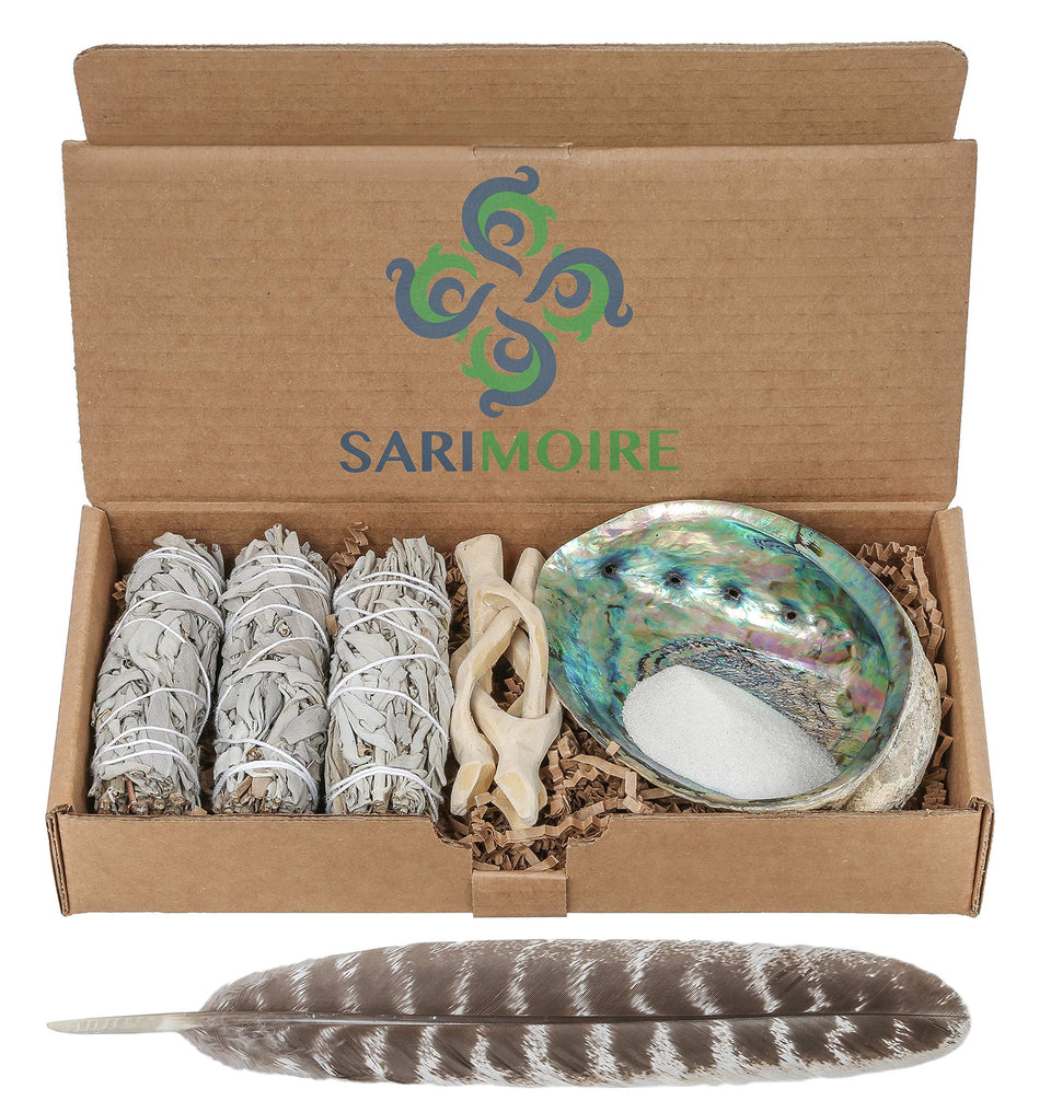 Sarimoire Sage Smudge Kit with abalone shell and feather for cleansing spaces.