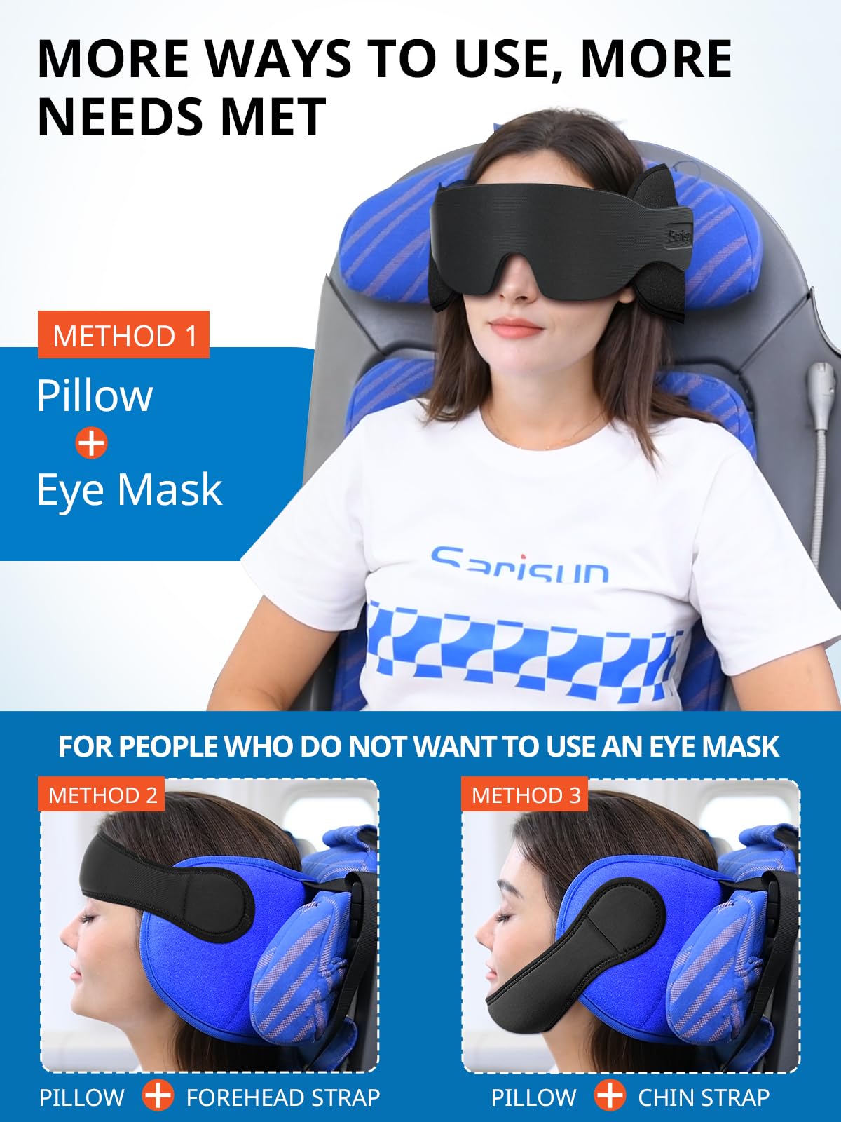 SARISUN 360° head-support plane pillow prevents head bobble during long flights.