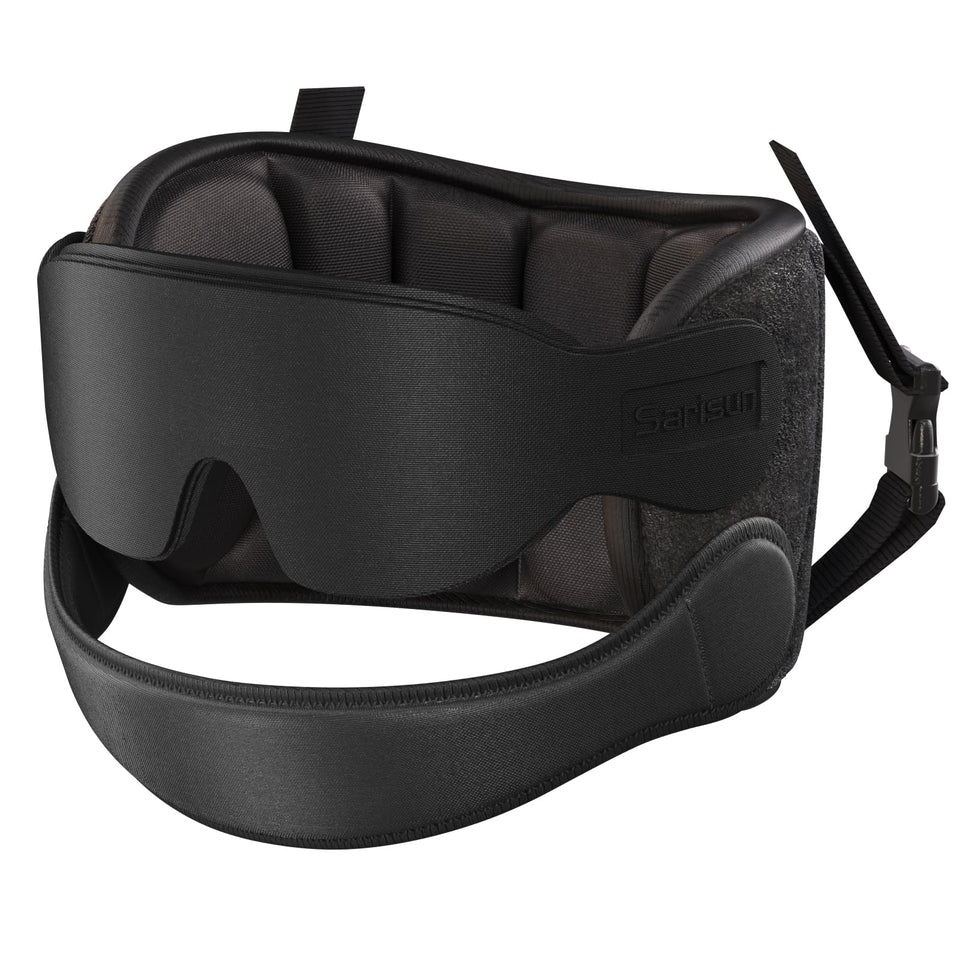 SARISUN air pillow with chin strap provides secure head support on long flights.