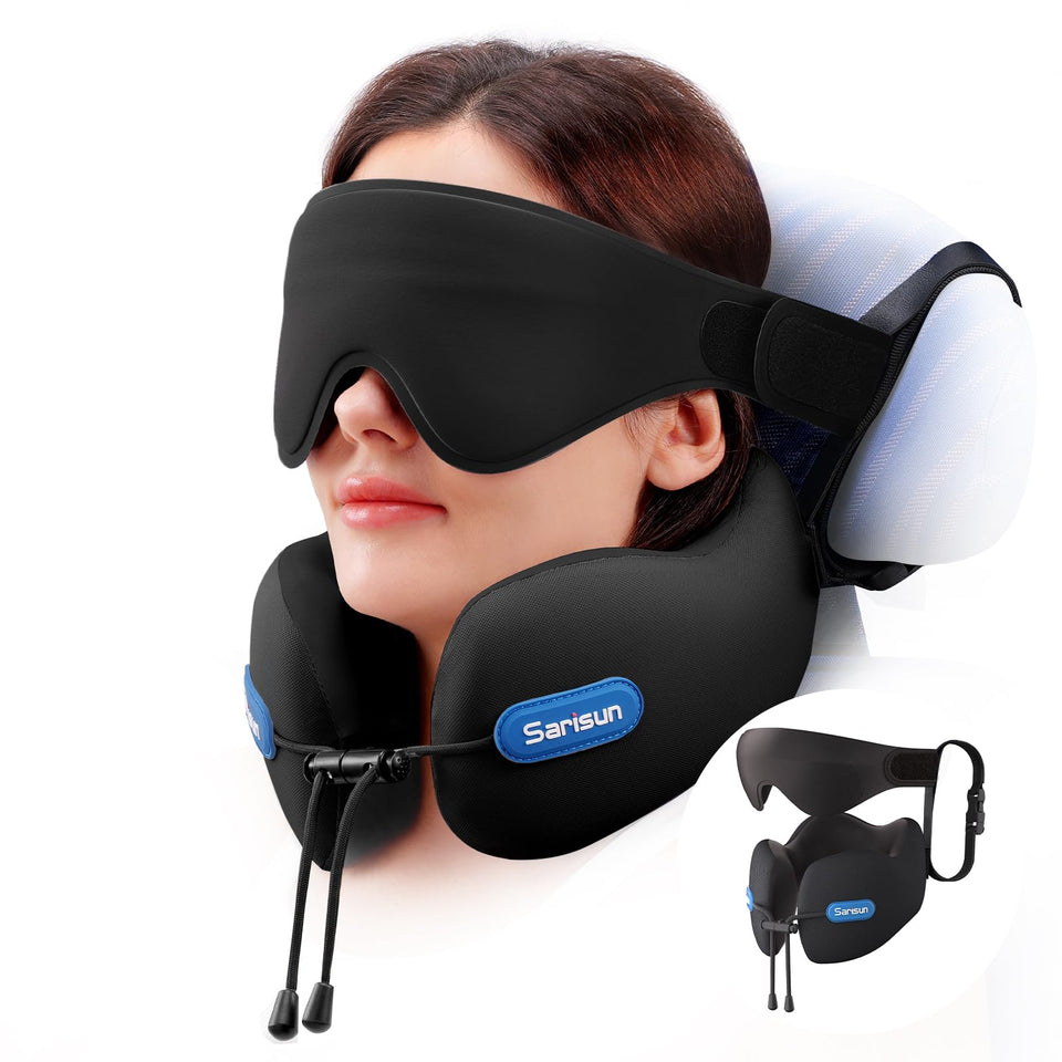 SARISUN neck pillow on airplane shows 360° support for restful travel