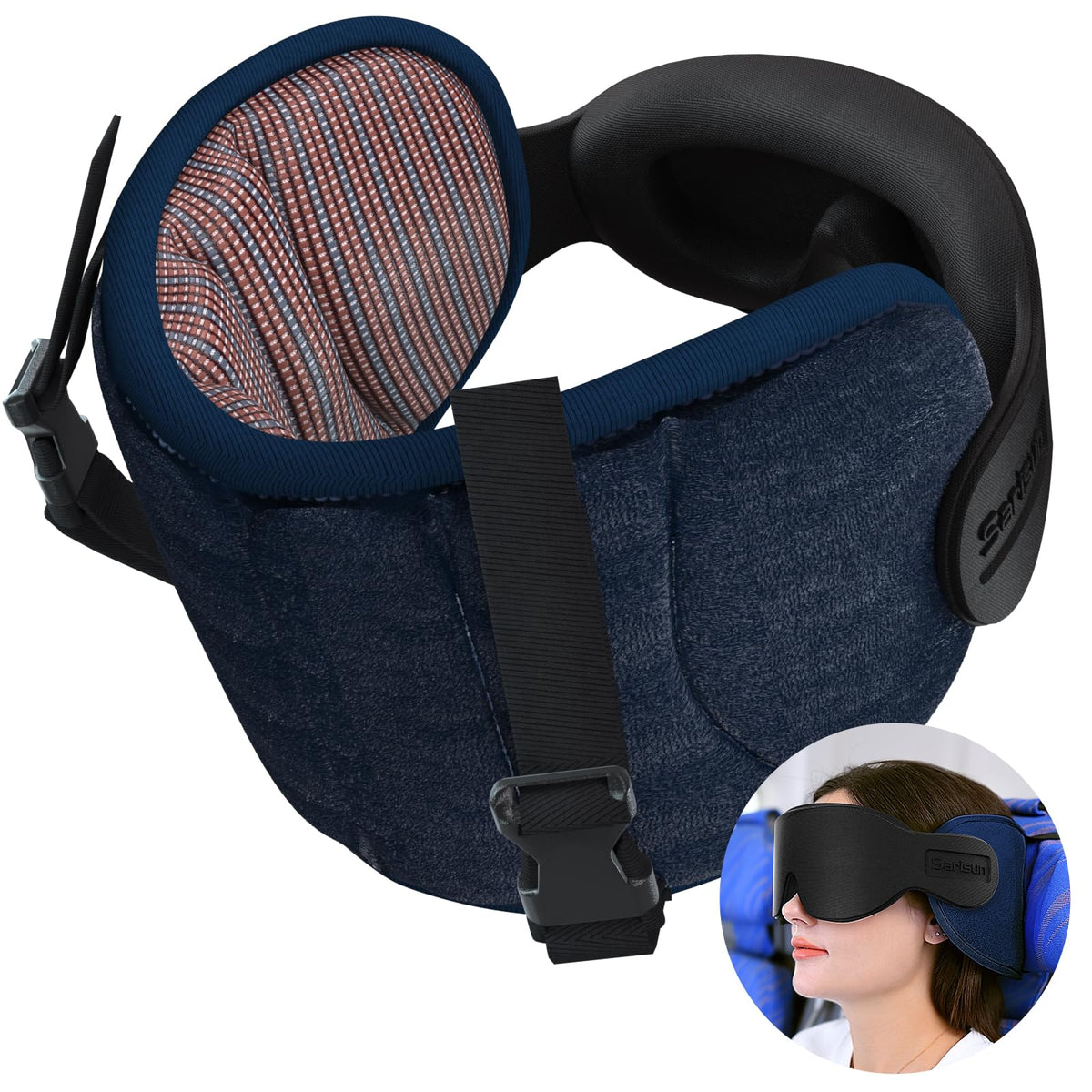 Sarisun travel pillow's 360 headrest in use on a plane for steady sleep