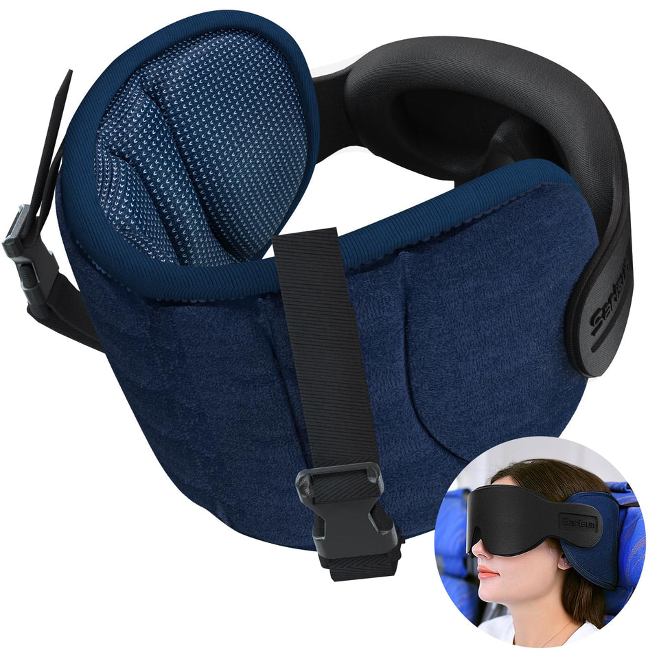 SARISUN travel pillow with 360° headrest supporting the head for plane comfort.