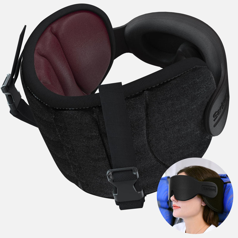 Sarisun travel pillow shows 360-degree headrest supporting your head on planes