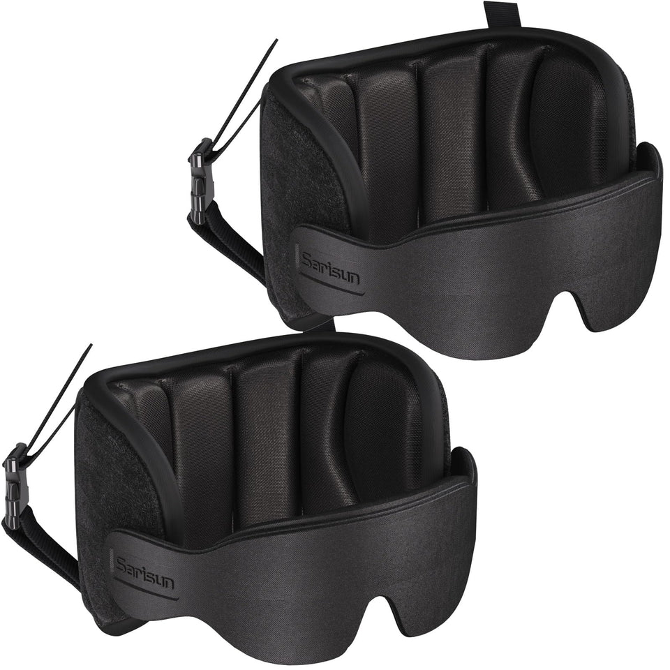 SARISUN travel pillow attached to airplane headrest for stable sleep on long flights.